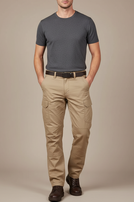 Pantalon Cargo Kaki Droit Coton Multipoches Homme - Toile