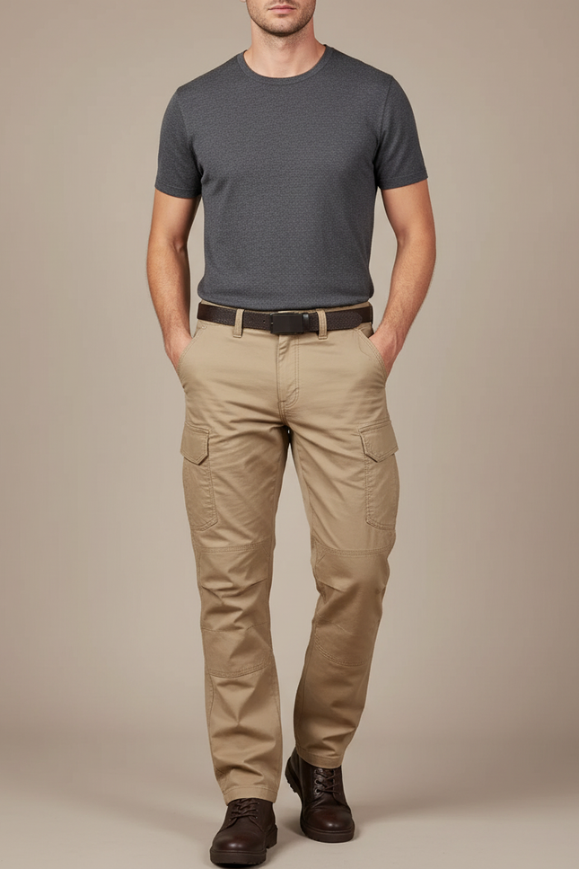 Pantalon Cargo Kaki Droit Coton Multipoches Homme - Toile
