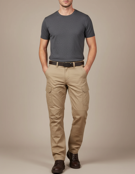 Pantalon Cargo Kaki Droit Coton Multipoches Homme - Toile