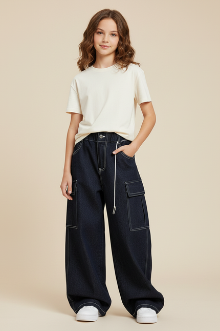 Pantalon Cargo Denim Bleu Ample Multipoches Fille - Marine Jean