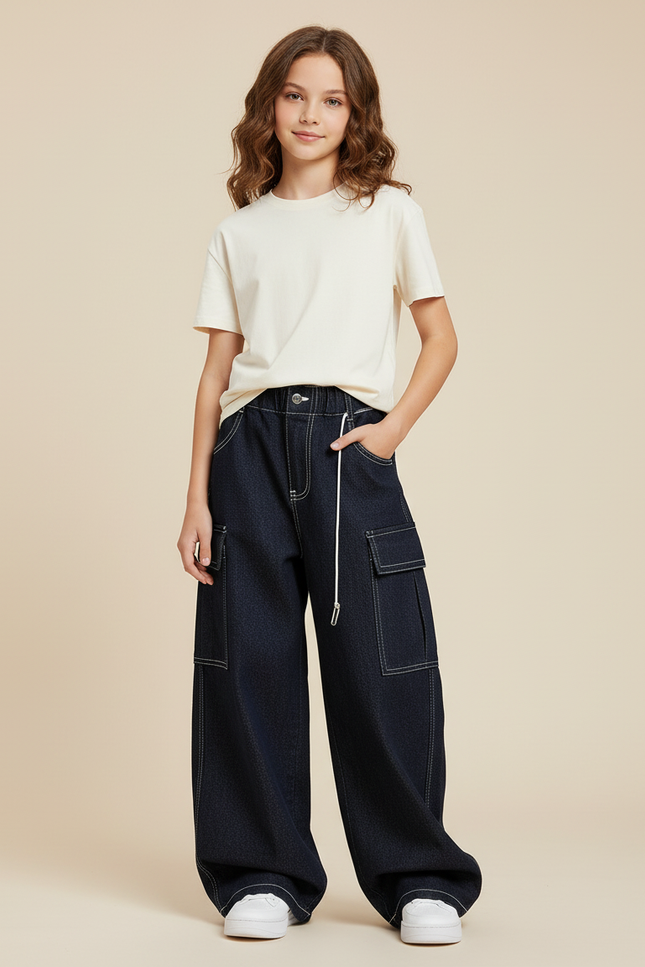 Pantalon Cargo Denim Bleu Ample Multipoches Fille - Marine Jean