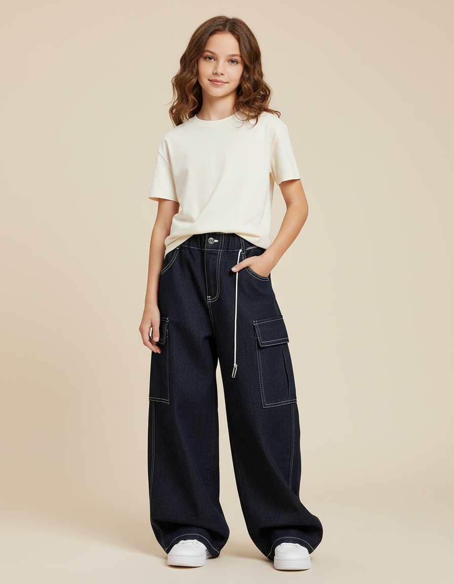 Pantalon Cargo Denim Bleu Ample Multipoches Fille - Marine Jean