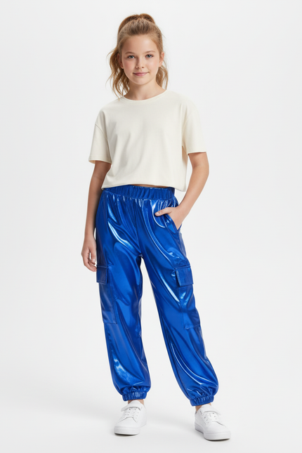 Pantalon Cargo Métallisé Bleu Brillant Fille - Simili cuir