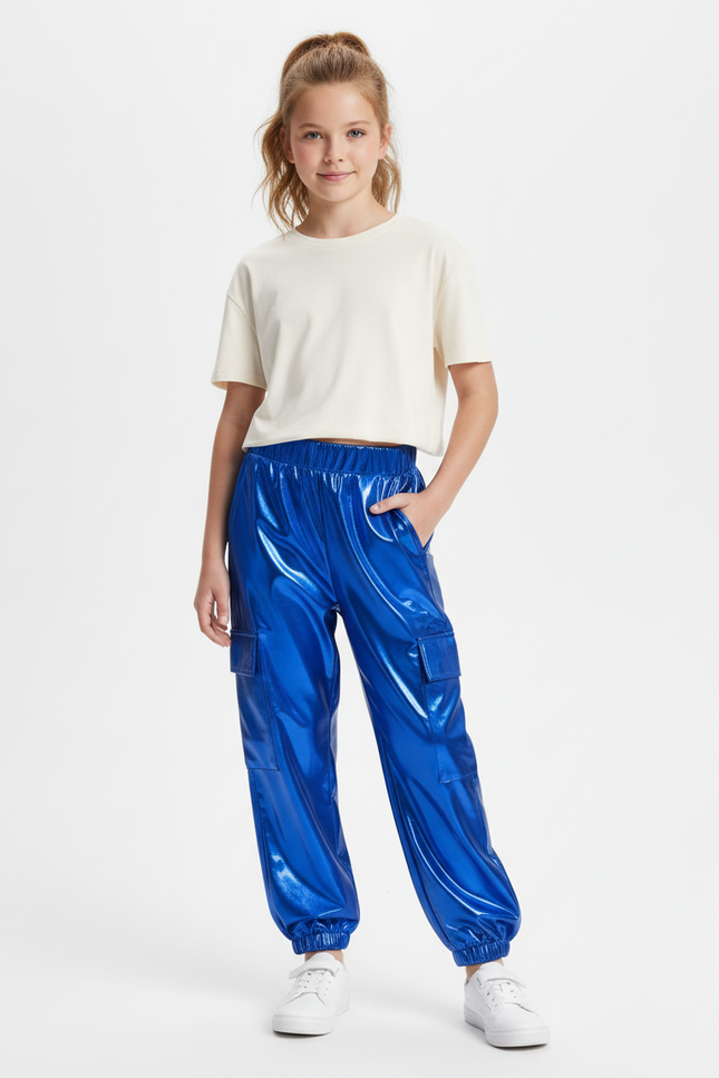 Pantalon Cargo Métallisé Bleu Brillant Fille - Simili cuir