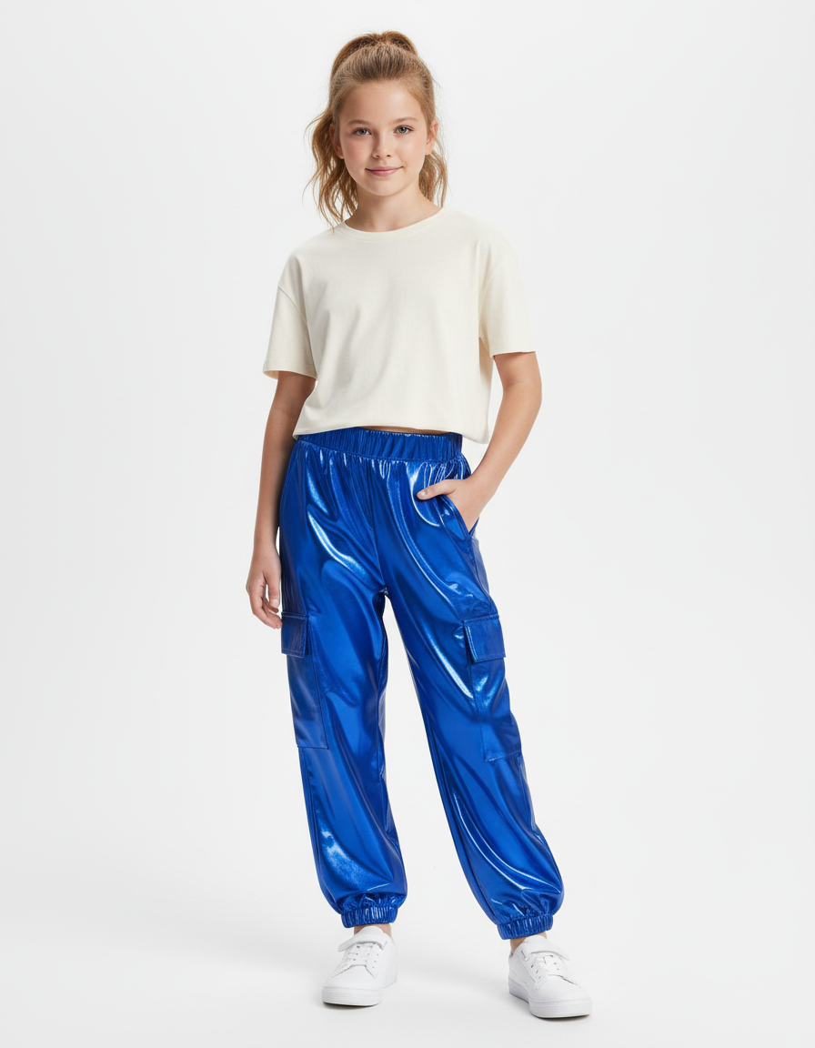 Pantalon Cargo Métallisé Bleu Brillant Fille - Simili cuir