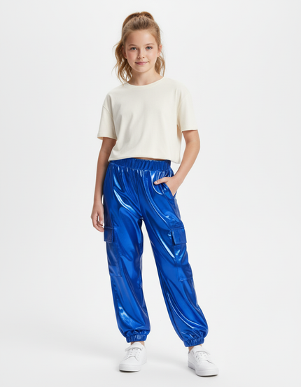 Pantalon Cargo Métallisé Bleu Brillant Fille - Simili cuir