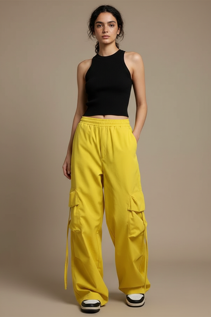 Pantalon Cargo Jaune Ample Taille Haute Poches - Gabardine