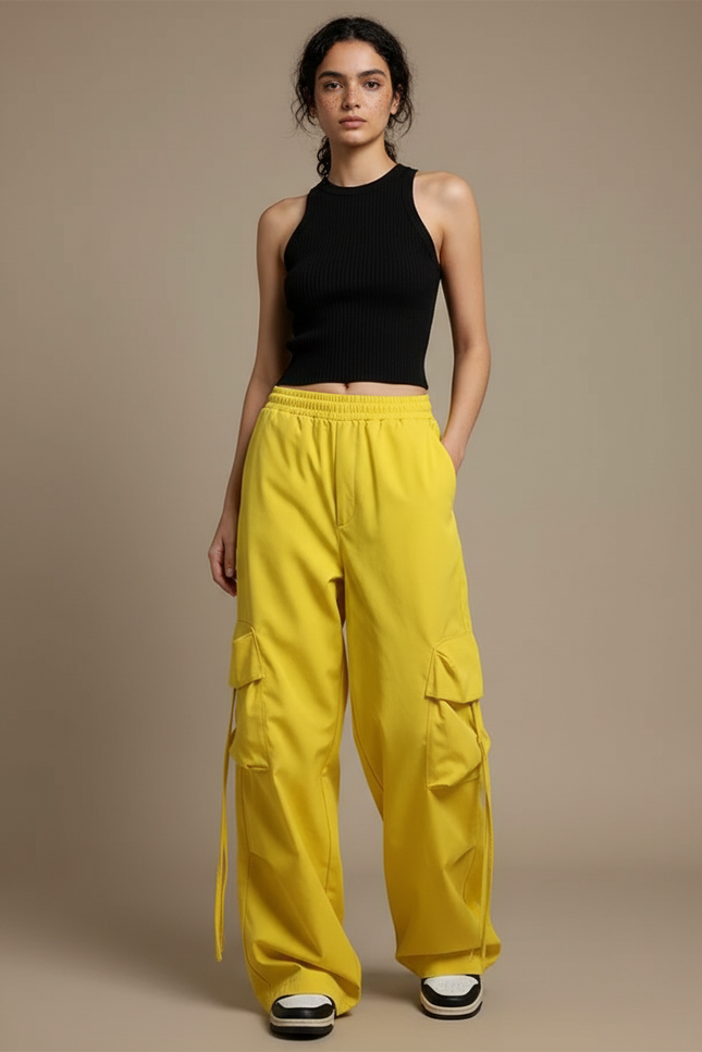 Pantalon Cargo Jaune Ample Taille Haute Poches - Gabardine