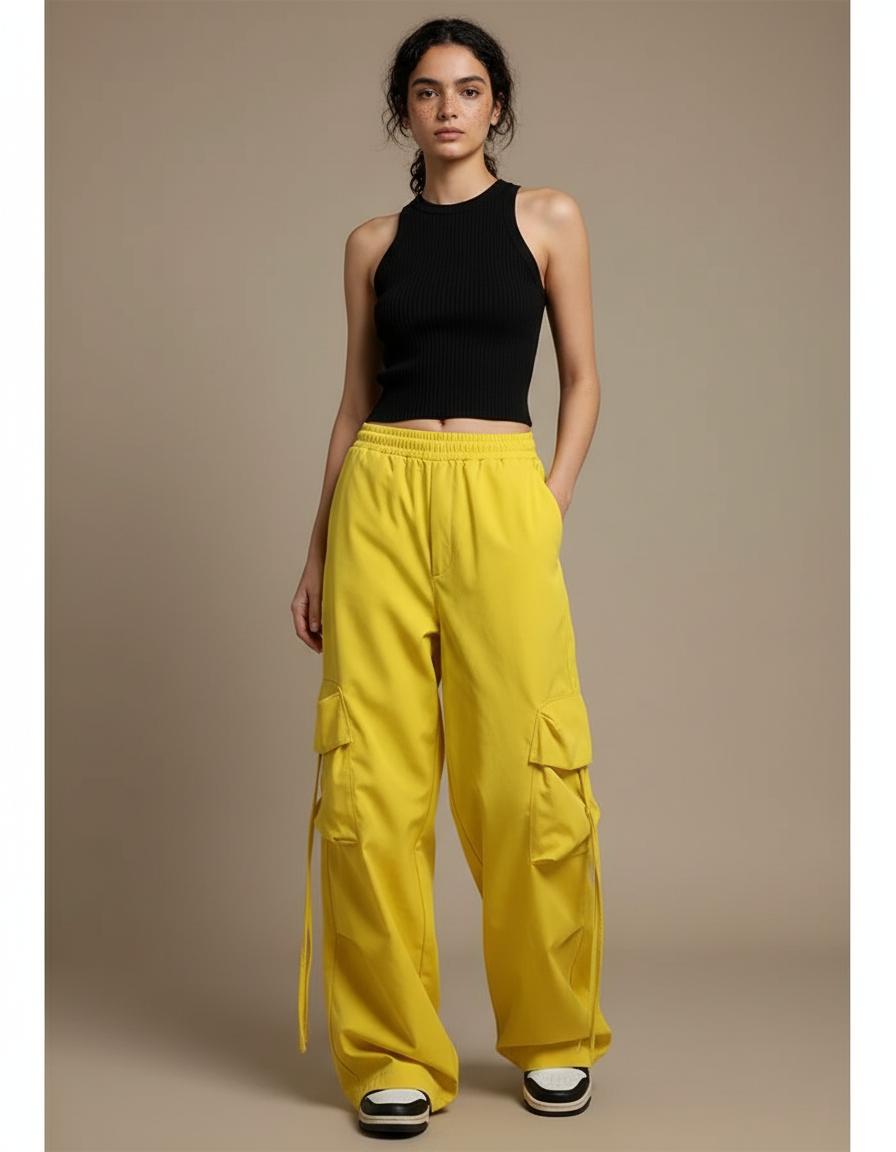 Pantalon Cargo Jaune Ample Taille Haute Poches - Gabardine