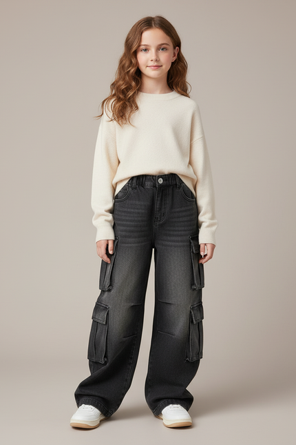 Pantalon Cargo Gris Délavé Jean Ample Multipoches Fille