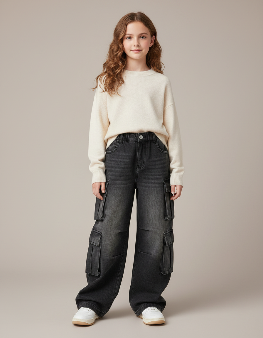 Pantalon Cargo Gris Délavé Jean Ample Multipoches Fille