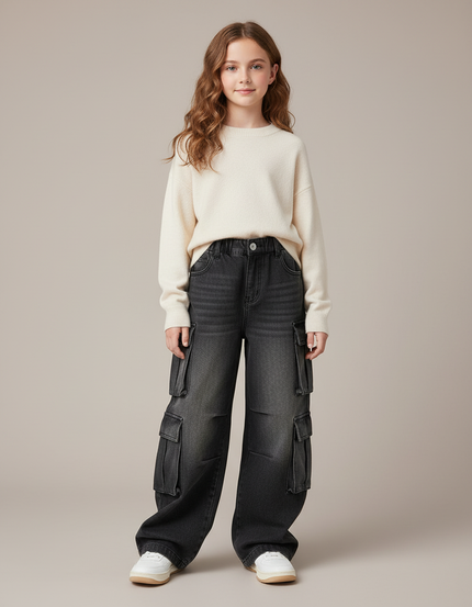 Pantalon Cargo Gris Délavé Jean Ample Multipoches Fille