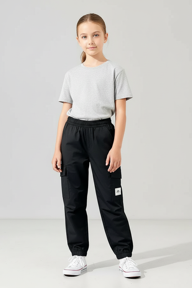 Pantalon Cargo Noir Léger Ample Multipoches Enfant - Gabardine
