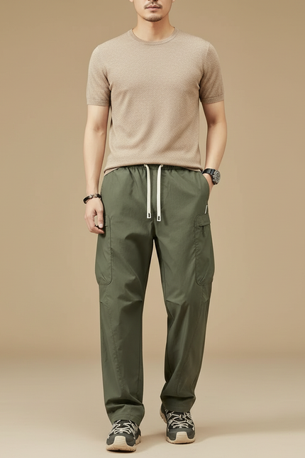 Pantalon Cargo Vert Ample Décontracté Léger Homme - Kaki Polyester