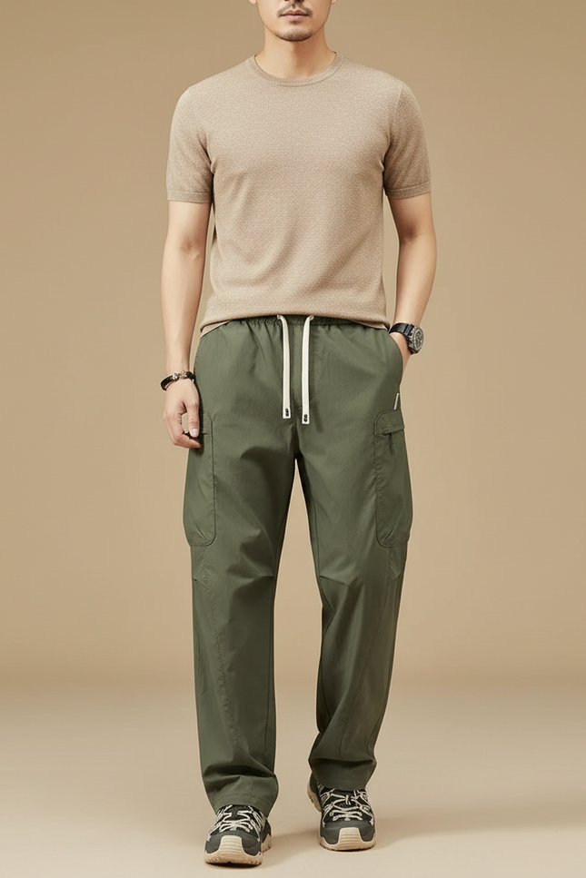 Pantalon Cargo Vert Ample Décontracté Léger Homme - Kaki Polyester