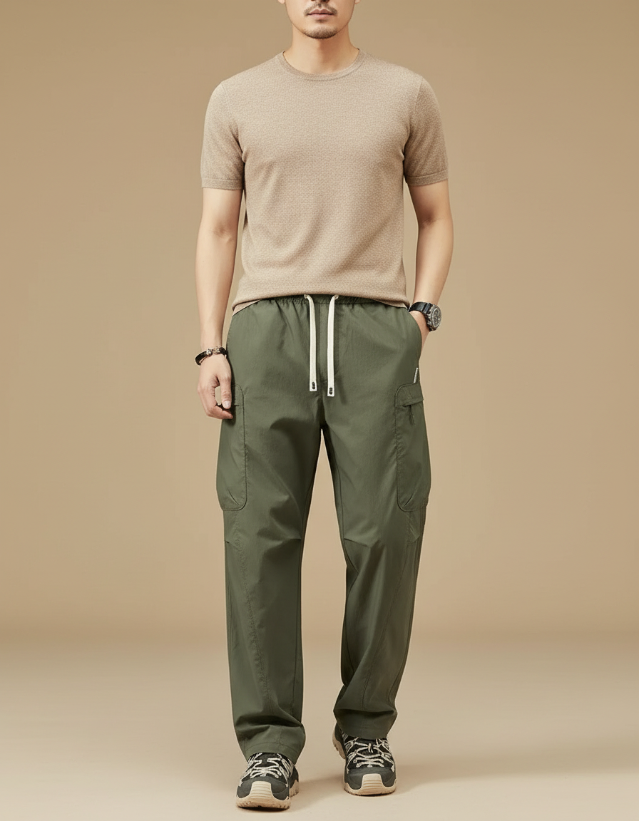 Pantalon Cargo Vert Ample Décontracté Léger Homme - Kaki Polyester