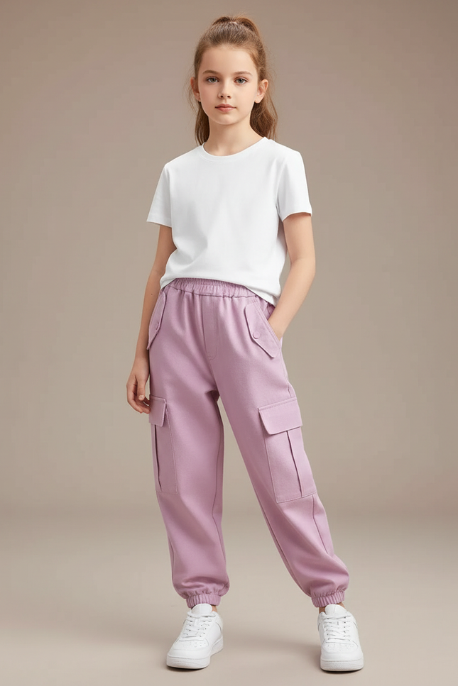 Pantalon Cargo Fille Rose Coton Multipoches Décontracté - Molleton