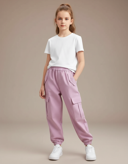 Pantalon Cargo Fille Rose Coton Multipoches Décontracté - Molleton