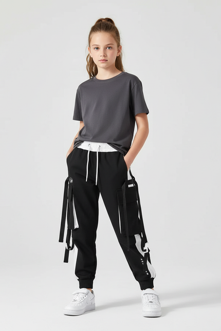 Pantalon Cargo Noir Ample Multipoches Fille Urbain - Molleton