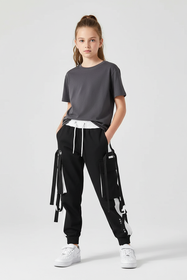Pantalon Cargo Noir Ample Multipoches Fille Urbain - Molleton