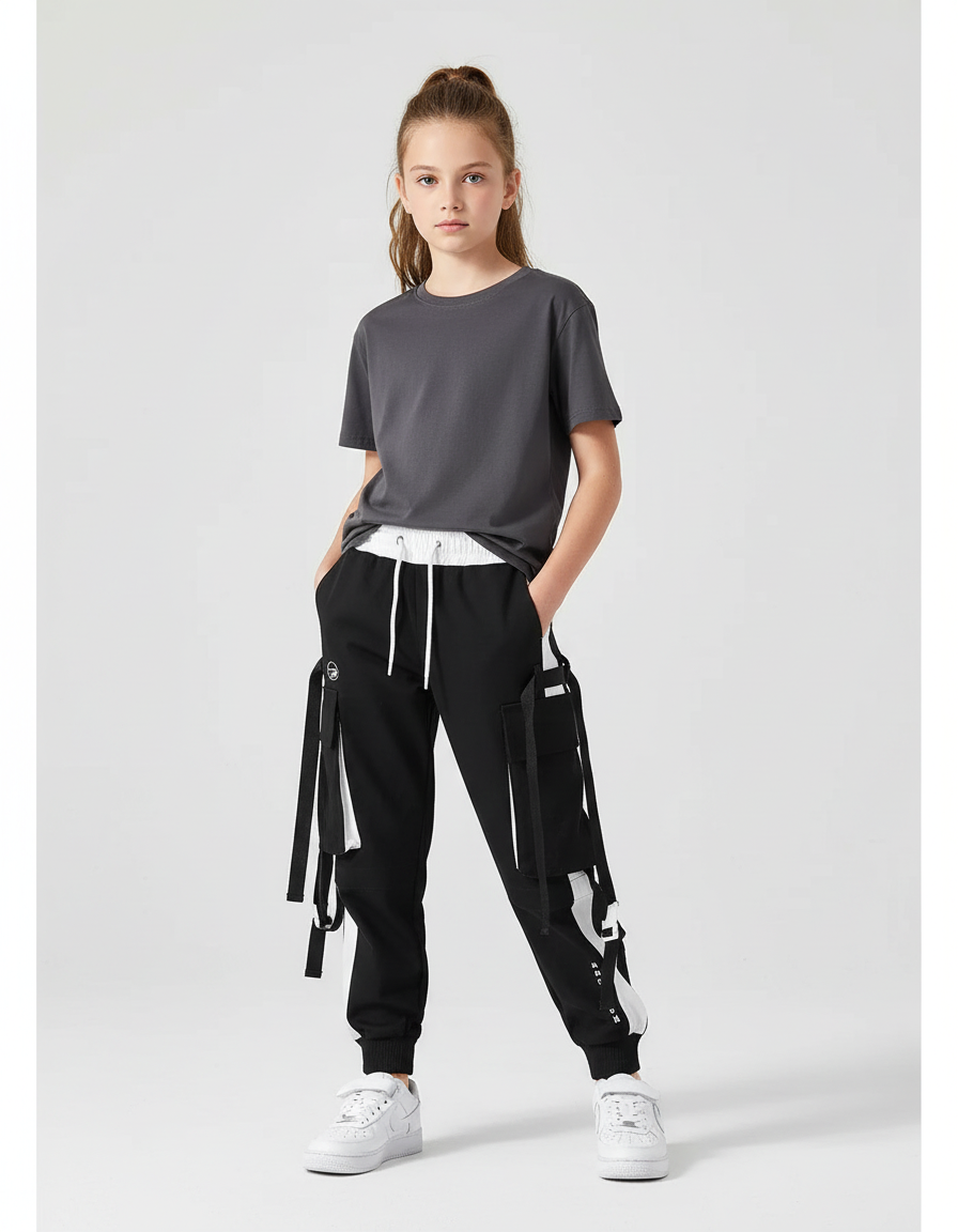 Pantalon Cargo Noir Ample Multipoches Fille Urbain - Molleton