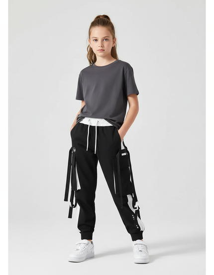 Pantalon Cargo Noir Ample Multipoches Fille Urbain - Molleton