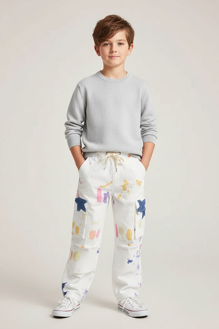 Pantalon Cargo Blanc Imprimé Coloré Étoiles Garçon Décontracté - Multicolore