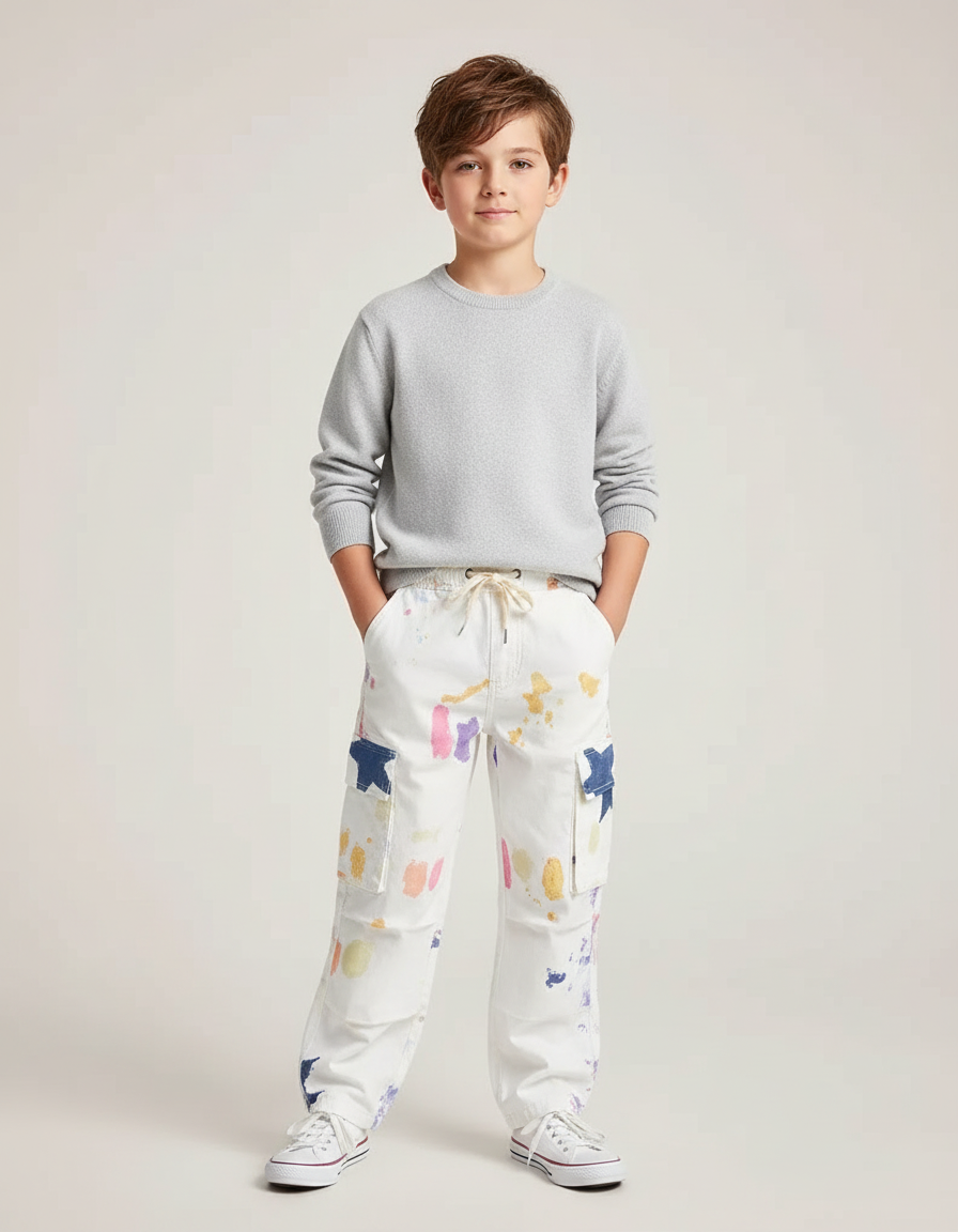 Pantalon Cargo Blanc Imprimé Coloré Étoiles Garçon Décontracté - Multicolore