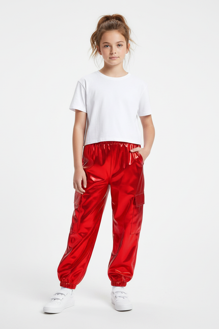 Pantalon Cargo Rouge Métallisé Brillant Fille - Polyester