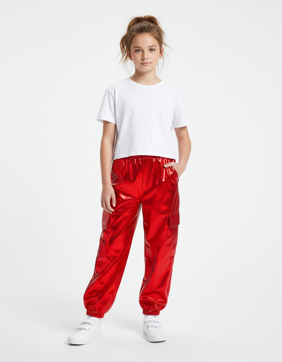 Pantalon Cargo Rouge Métallisé Brillant Fille - Polyester
