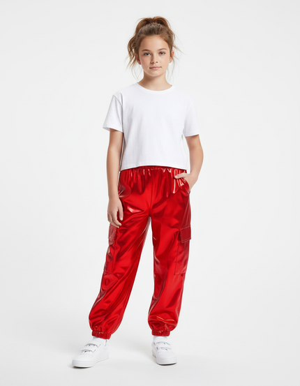 Pantalon Cargo Rouge Métallisé Brillant Fille - Polyester