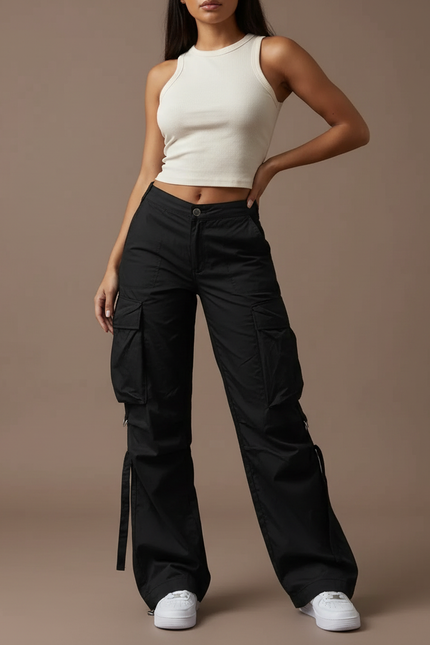 Pantalon Cargo Noir Ample Poches Multiples Décontracté - Toile