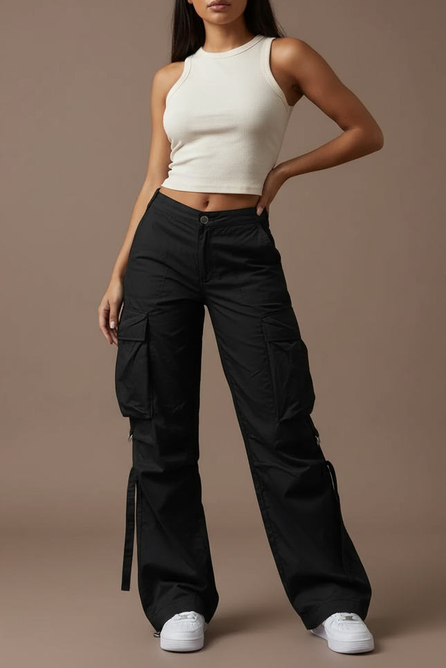 Pantalon Cargo Noir Ample Poches Multiples Décontracté - Toile