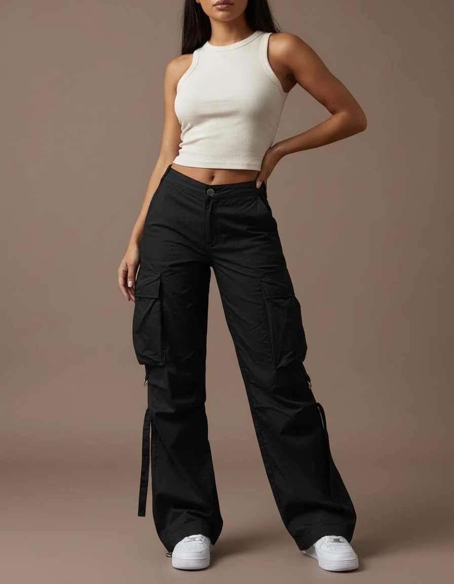 Pantalon Cargo Noir Ample Poches Multiples Décontracté - Toile