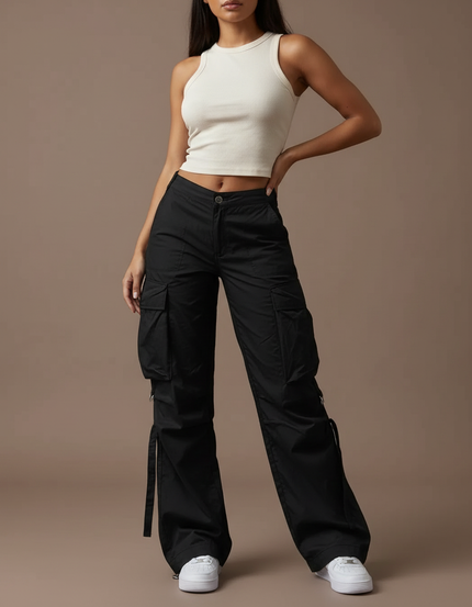Pantalon Cargo Noir Ample Poches Multiples Décontracté - Toile