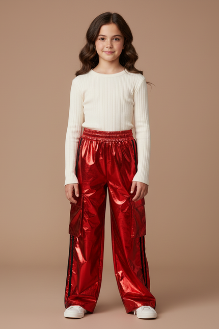 Pantalon Cargo Rouge Brillant Ample Fille - Polyester