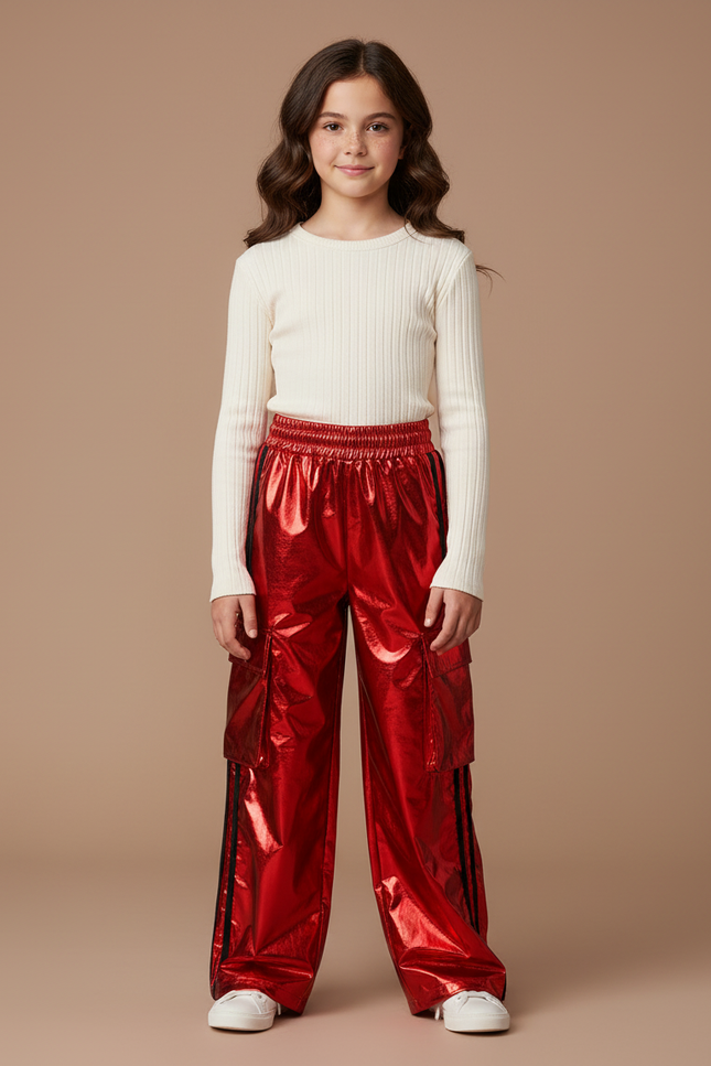 Pantalon Cargo Rouge Brillant Ample Fille - Polyester