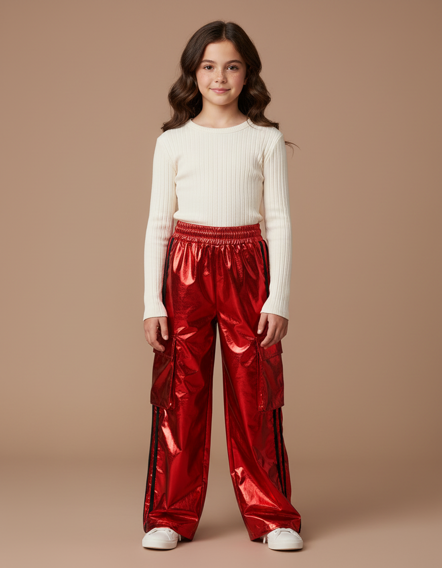 Pantalon Cargo Rouge Brillant Ample Fille - Polyester