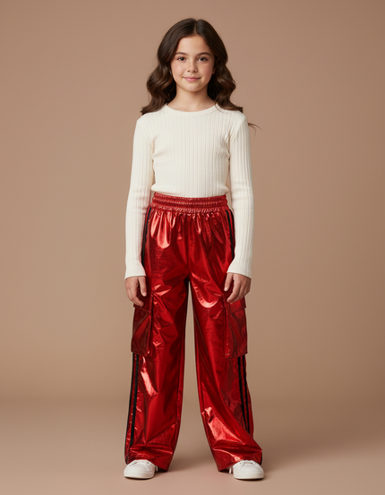 Pantalon Cargo Rouge Brillant Ample Fille - Polyester