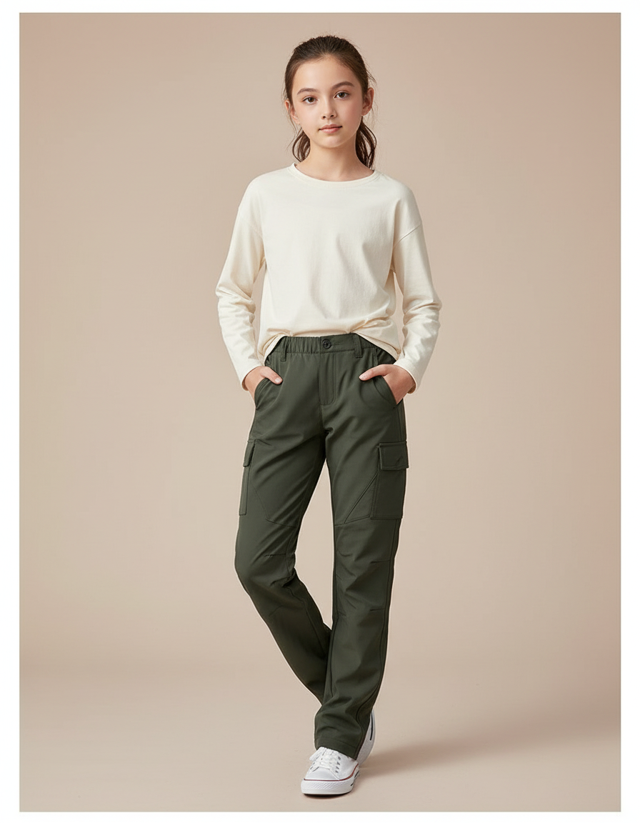 Pantalon Cargo Vert Militaire Ample Décontracté Enfant - Kaki Polyester