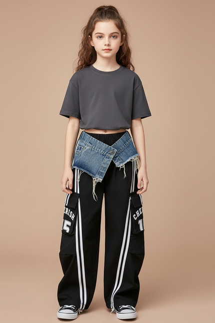 Pantalon Cargo Noir Rayures Blanches Streetwear Fille - Polyester
