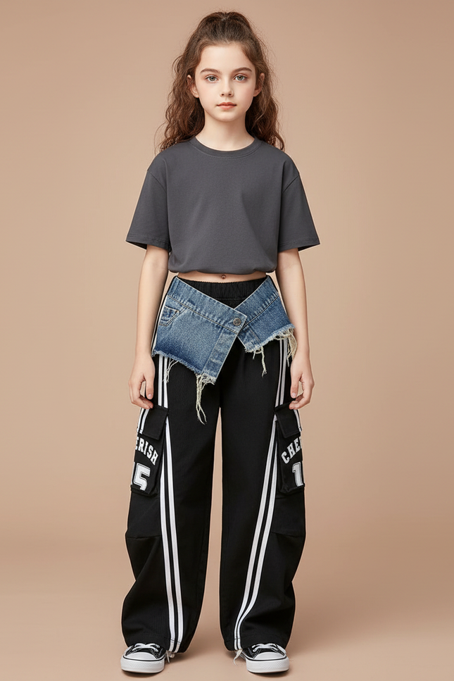 Pantalon Cargo Noir Rayures Blanches Streetwear Fille - Polyester