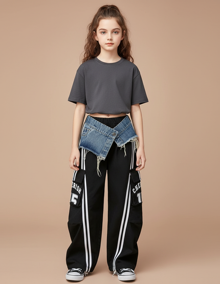 Pantalon Cargo Noir Rayures Blanches Streetwear Fille - Polyester