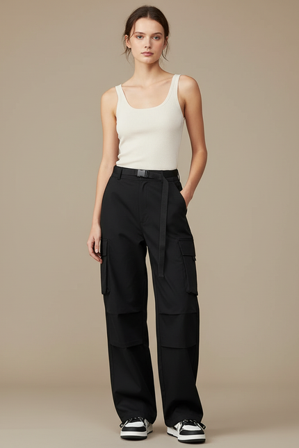 Pantalon Cargo Noir Ample Multipoches Ceinturé Femme - Polyester