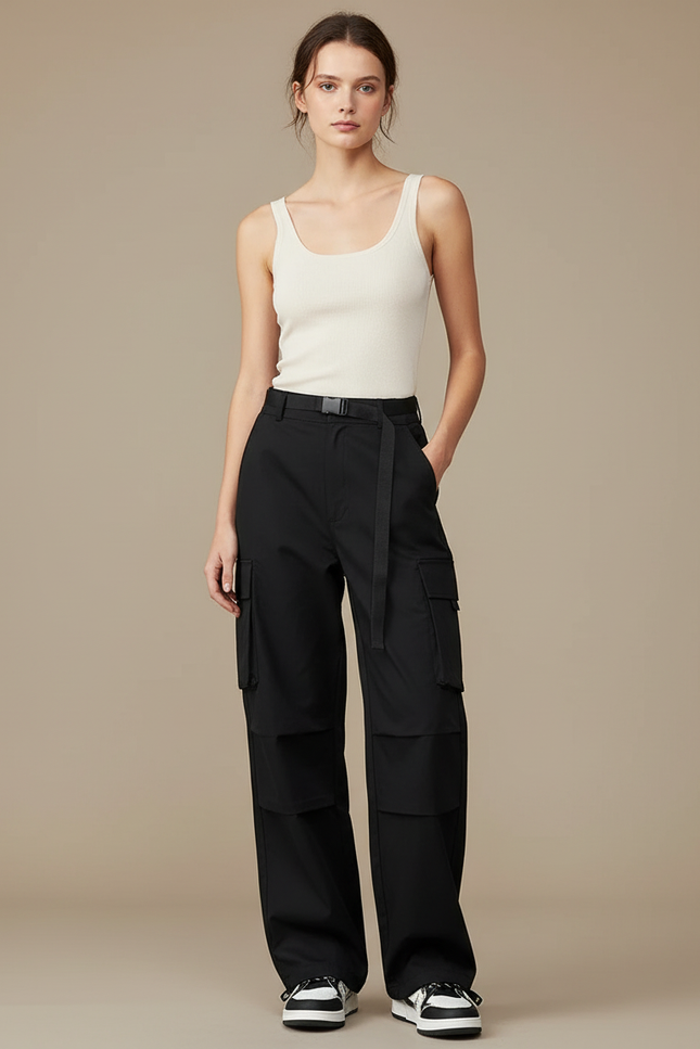 Pantalon Cargo Noir Ample Multipoches Ceinturé Femme - Polyester