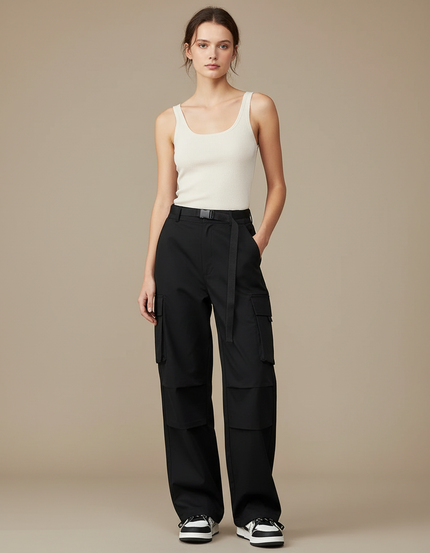 Pantalon Cargo Noir Ample Multipoches Ceinturé Femme - Polyester