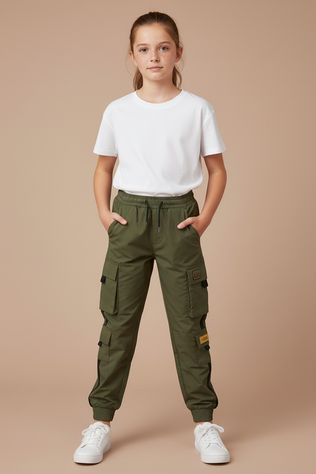 Pantalon Cargo Kaki Ample Multipoches Enfant Décontracté - Polyester