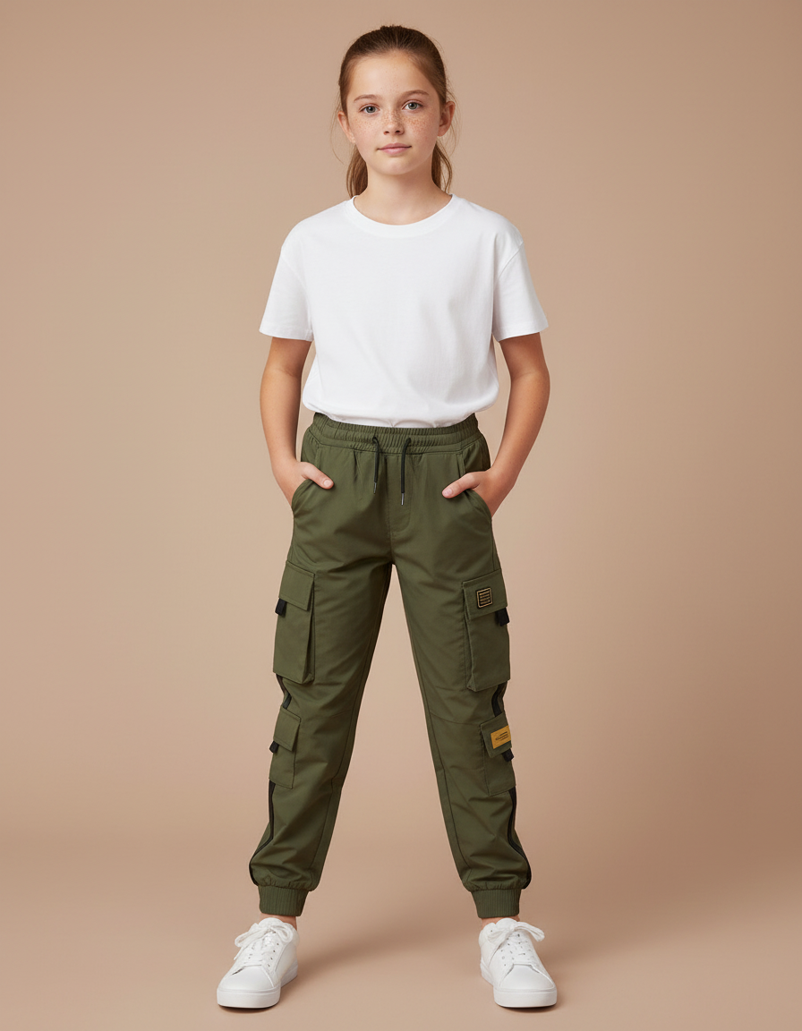Pantalon Cargo Kaki Ample Multipoches Enfant Décontracté - Polyester