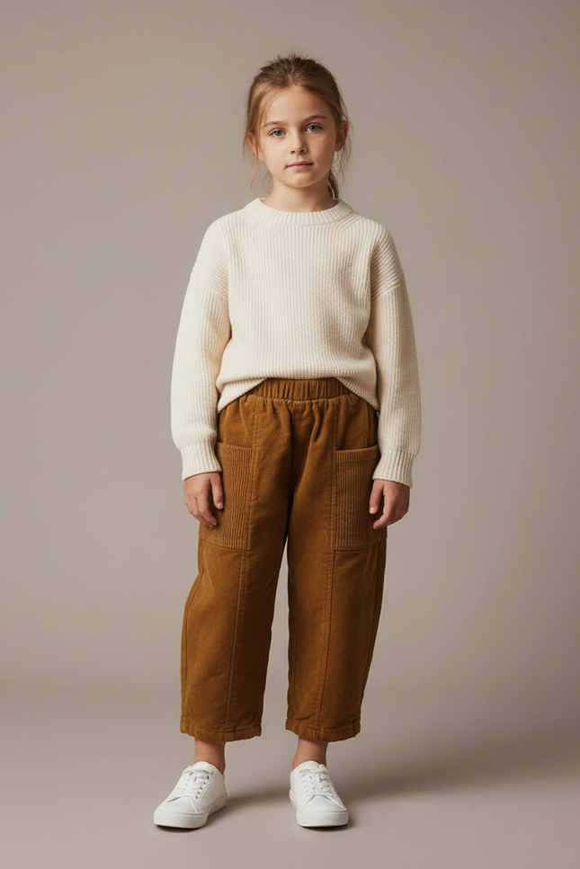 Pantalon Cargo Marron Velours Côtelé Ample Enfant - Cordé