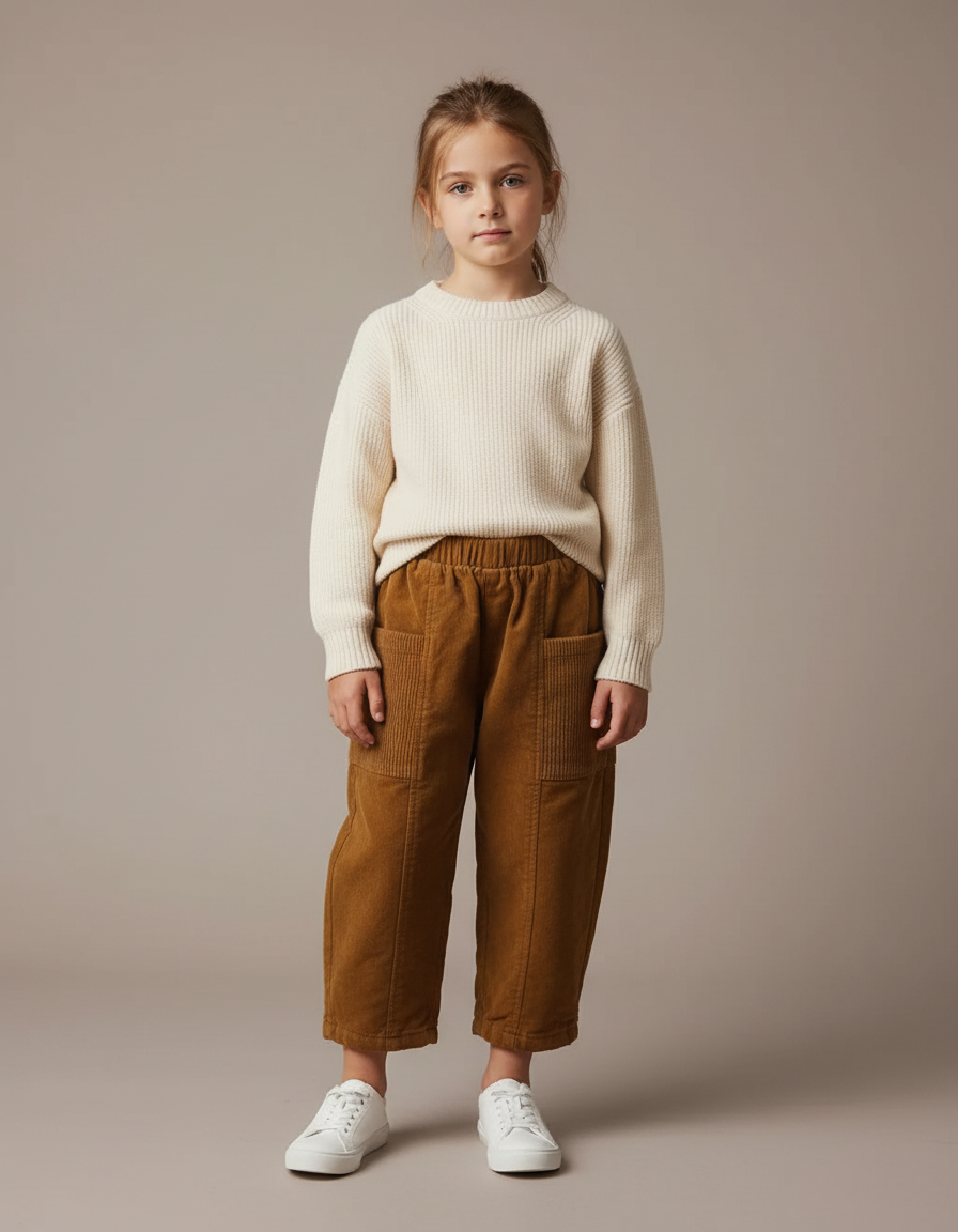 Pantalon Cargo Marron Velours Côtelé Ample Enfant - Cordé